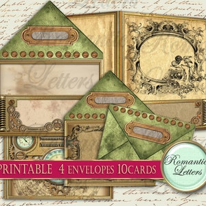 K&ouml;nnte beinhalten: Druckbarer Satz mit 10 Karten und 4 Umschl&auml;gen im Vintage-, Steampunk- und romantischen Stil. Die Karten und Umschl&auml;ge sind in Gr&uuml;n-, Gold- und Braunt&ouml;nen gehalten und mit filigranen Designs und Verzierungen versehen. Der Text "Romantic Letters" ist in der rechten unteren Ecke des Bildes gedruckt.