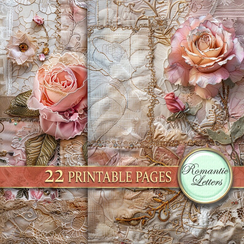 May include: A collage of 22 printable pages featuring delicate floral designs with a vintage aesthetic. The pages feature intricate lace patterns, roses, and a banner that reads "22 Printable Pages". A circular sticker with the text "Romantic Letters" is also included.