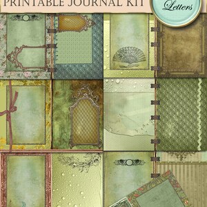 May include: A printable journal kit with a vintage aesthetic. The design features ornate frames, floral patterns, and a color palette of greens, browns, and pinks. The text "Printable Journal Kit" is visible.