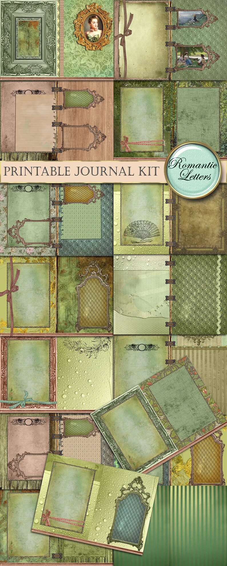May include: A printable journal kit with a vintage aesthetic. The design features ornate frames, floral patterns, and a color palette of greens, browns, and pinks. The text "Printable Journal Kit" is visible.