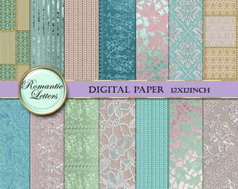 May include: A set of 12 digital papers featuring various patterns in shades of blue, green, pink, and beige. The patterns include lace, knit, and geometric designs. The papers are 12x12 inches.