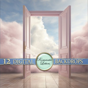 May include: A digital backdrop featuring a pair of open doors leading to a sky filled with fluffy pink clouds. The doors are a pale pink and have a simple design. The text "12 DIGITAL BACKDROPS" is at the bottom of the image.