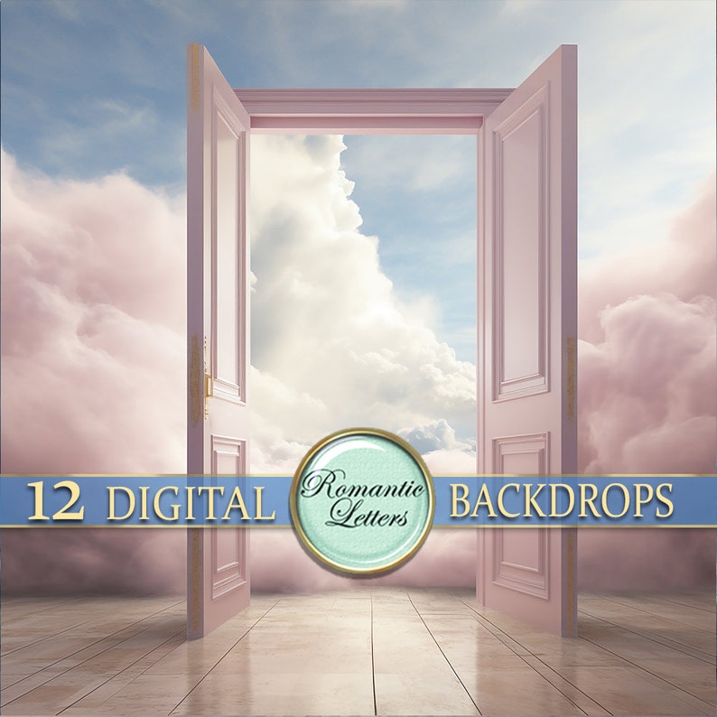 May include: A digital backdrop featuring a pair of open doors leading to a sky filled with fluffy pink clouds. The doors are a pale pink and have a simple design. The text "12 DIGITAL BACKDROPS" is at the bottom of the image.