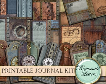 Steampunk printable junk journal kit digital scrapbook printable paper A4 printable mini album, steampunk printable journal tag craft paper