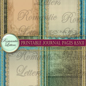 May include: Printable journal pages with a vintage aesthetic. The design features four rectangular panels with lace borders and the words "Romantic Letters." The background has a denim-like texture with gold stitching and a burgundy banner that reads "Printable Journal Pages 8.5x11."