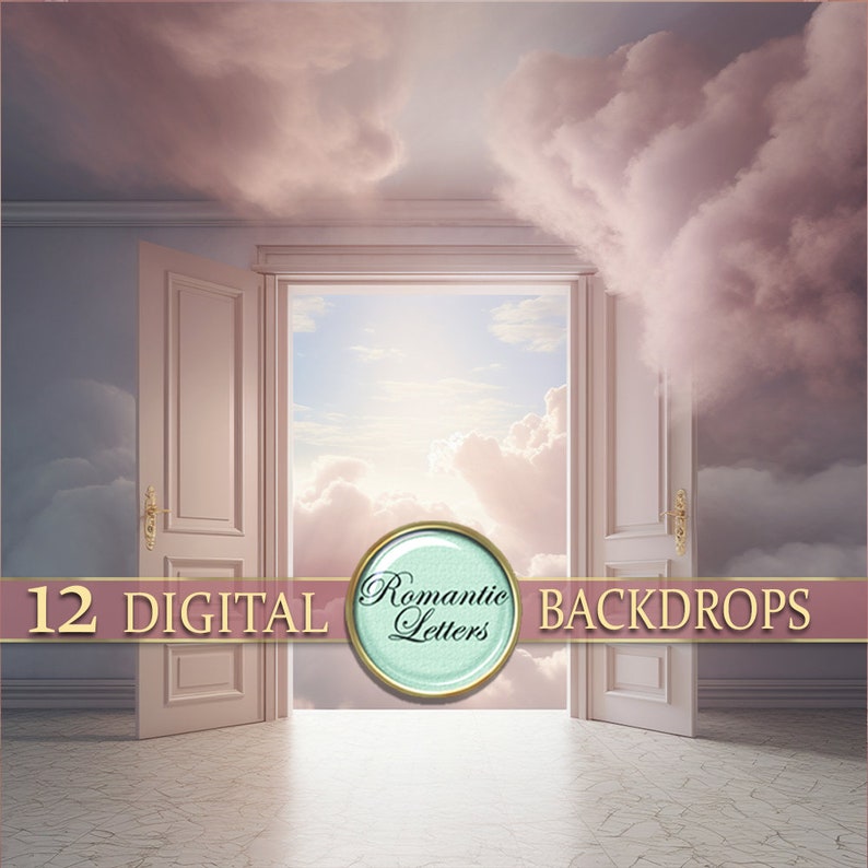 May include: A digital backdrop featuring a pair of white doors opening to reveal a bright, cloudy sky. The doors are set in a room with a white ceiling and pink clouds. The text "12 DIGITAL BACKDROPS" is displayed at the bottom of the image.