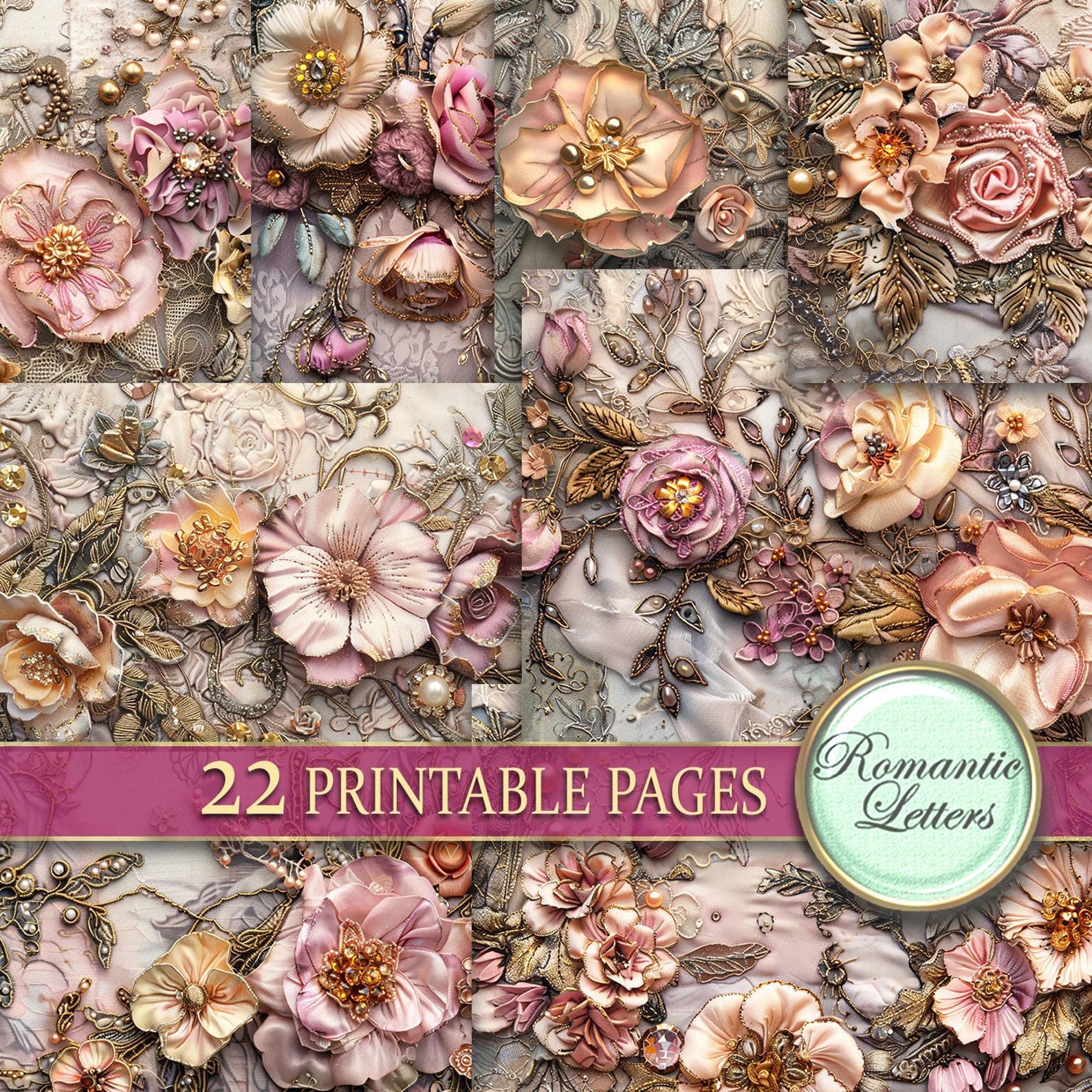 Shabby Chic Flowers Printable Digital Junk Journal Pages Wedding ...