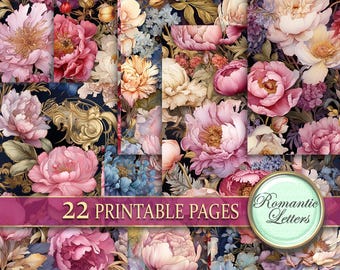 Può includere: Un pacchetto di carta digitale con 22 pagine stampabili che presenta un motivo floreale con fiori rosa, viola e blu su uno sfondo scuro. Il testo "Romantic Letters" è nell'angolo in basso a destra dell'immagine.