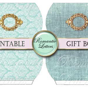 May include: Printable gift box template featuring a light blue background with a white floral pattern and a gold ornate frame. The text "PRINTABLE" and "GIFT BOXES" is displayed on a pink banner.