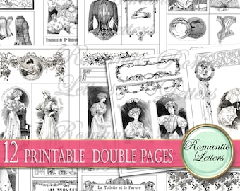 Ephemera digital paper Victorian journal digital printable paper decoupage digital craft paper magazine A4 8.5x11 black white coloring pages
