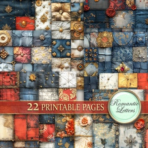 May include: A digital collage of 22 printable pages featuring a patchwork design with various textures and colors, including blue, red, gold, and white. The pages are perfect for scrapbooking, card making, and other crafting projects. The text "22 Printable Pages" and "Romantic Letters" is visible in the image.