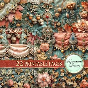 Op de afbeelding: Een digitale collage van 22 printbare pagina's met ingewikkelde ontwerpen in herfstkleuren en -texturen. De pagina's bevatten bloemmotieven, eikels, bladeren en sierlijke versieringen in tinten goud, bruin, teal en roze. De tekst "Romantic Letters" en "22 Printable Pages" is opgenomen in de afbeelding.
