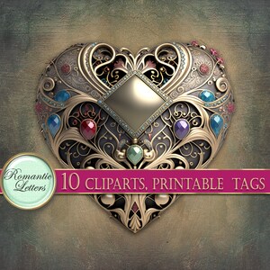 May include: A gold heart-shaped frame with intricate scrollwork and jewel-toned gemstones. The frame has a gold-colored center with a diamond-shaped design. The text "10 CLIPARTS, PRINTABLE TAGS" is printed in white on a pink banner.
