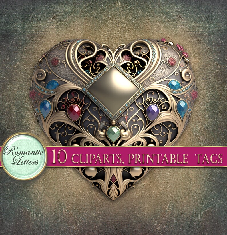 May include: A gold heart-shaped frame with intricate scrollwork and jewel-toned gemstones. The frame has a gold-colored center with a diamond-shaped design. The text "10 CLIPARTS, PRINTABLE TAGS" is printed in white on a pink banner.