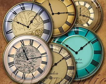 Vintage Clock Faces, 1-inch Circles, Steampunk Jewelry (Digital Download)