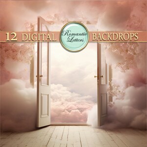May include: A digital backdrop featuring a white door opening to a sky filled with fluffy pink clouds. The door is framed by white clouds and pink blossoms.