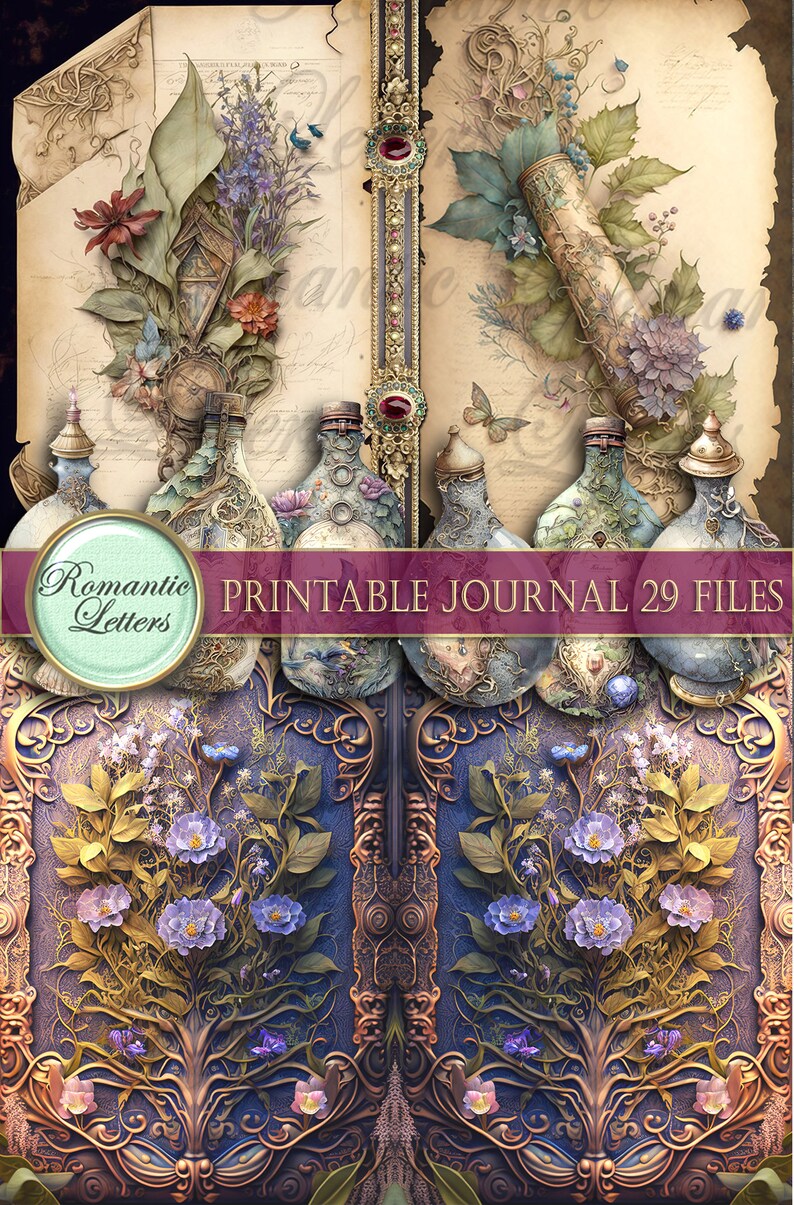May include: Digital art featuring a vintage-style design with ornate bottles, floral arrangements, and aged paper backgrounds. The text "Romantic Letters" and "Printable Journal 29 Files" are displayed. The color palette includes blues, purples, and golds.