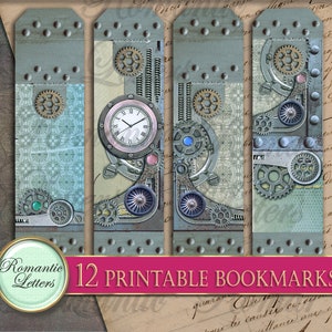 Puede incluir: Doce marcadores imprimibles con un dise&ntilde;o steampunk con engranajes, esferas de reloj y un esquema de color azul y verde.