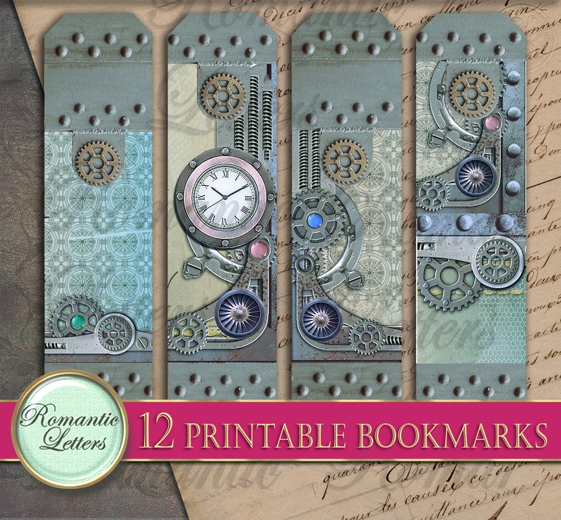 Puede incluir: Doce marcadores imprimibles con un dise&ntilde;o steampunk con engranajes, esferas de reloj y un esquema de color azul y verde.