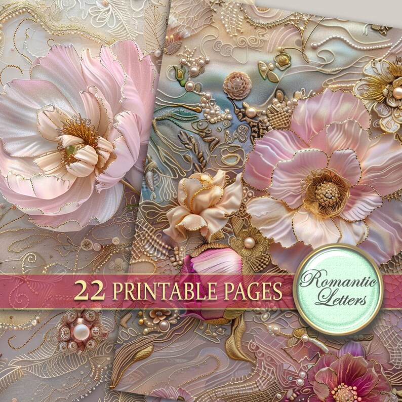 May include: A digital paper pack with 22 printable pages featuring a delicate floral design with pink and gold flowers, pearls, and intricate patterns. The text "Romantic Letters" is visible in the image.
