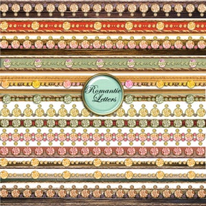 May include: A set of 12 digital scrapbook paper borders featuring a variety of gold, brown, and green frames with rows of sparkling rhinestones. The text "Romantic Letters" is in a circle on the image.