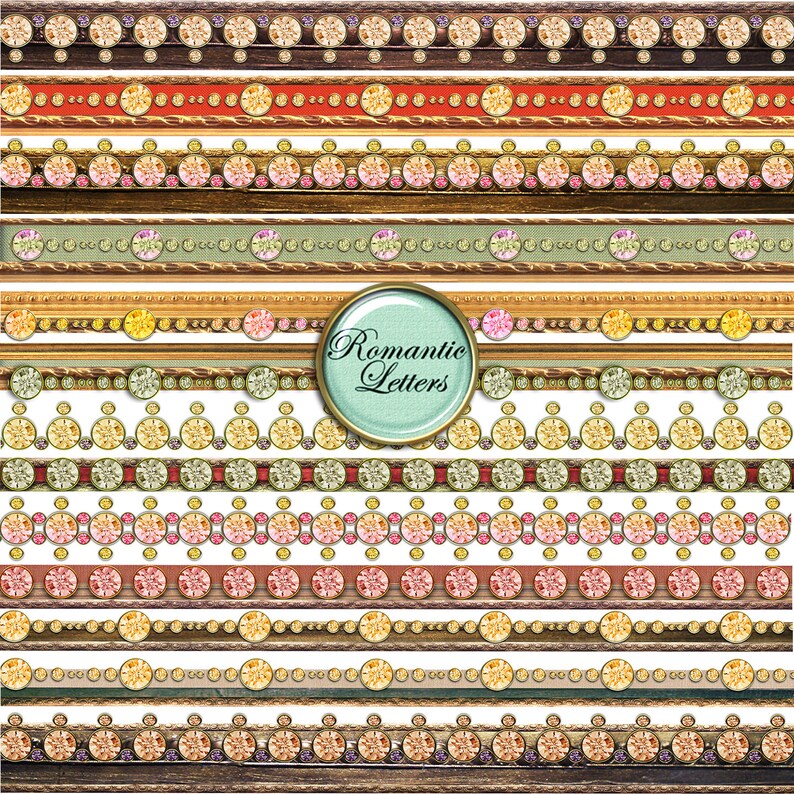 May include: A set of 12 digital scrapbook paper borders featuring a variety of gold, brown, and green frames with rows of sparkling rhinestones. The text "Romantic Letters" is in a circle on the image.