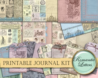 May include: Printable journal kit with a vintage aesthetic featuring a variety of papers with bicycle illustrations, text, and decorative elements. The kit includes a variety of papers with different colors and patterns, including pink, blue, and yellow. The papers are decorated with vintage bicycle illustrations, text, and decorative elements. The kit also includes a title card that says "Printable Journal Kit" and a round sticker that says "Romantic Letters".