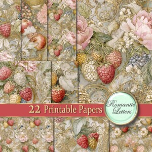 May include: A collection of 22 printable papers with a vintage floral and fruit design. The papers feature raspberries, apples, and flowers in shades of pink, red, and gold. The papers have a romantic theme, with the words "Romantic Letters" on a circular emblem.