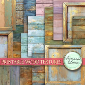 Paquete de papel digital de madera, textura de madera, fondo de álbum de recortes imprimible, fondo de piso de madera rústica, tablones de madera pintados, marco shabby chic pastel