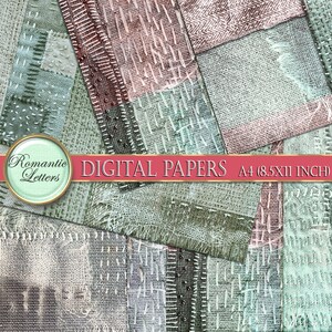 May include: Digital paper pack with a patchwork design featuring various shades of green, white, and brown. The paper has a textured, stitched look. The text "DIGITAL PAPERS A4 (8.5X11 INCH)" is displayed on the image.