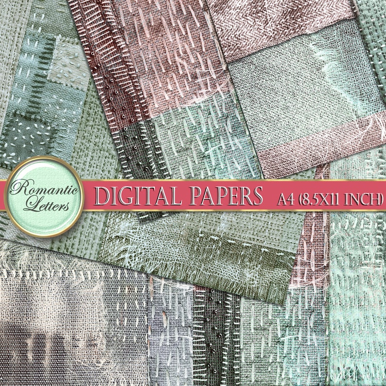 May include: Digital paper pack with a patchwork design featuring various shades of green, white, and brown. The paper has a textured, stitched look. The text "DIGITAL PAPERS A4 (8.5X11 INCH)" is displayed on the image.