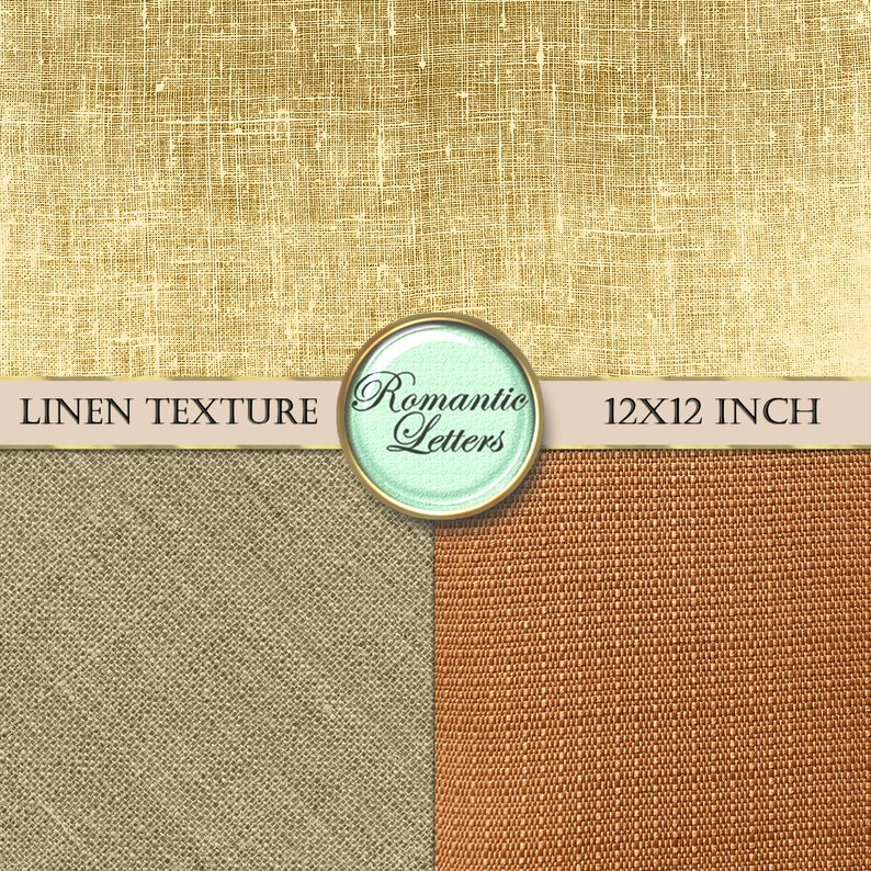 Peut inclure: Deux textures de lin de 12x12 pouces, l'une de couleur beige clair et l'autre de couleur marron. Le texte "Linen Texture" et "Romantic Letters" est visible sur l'image.