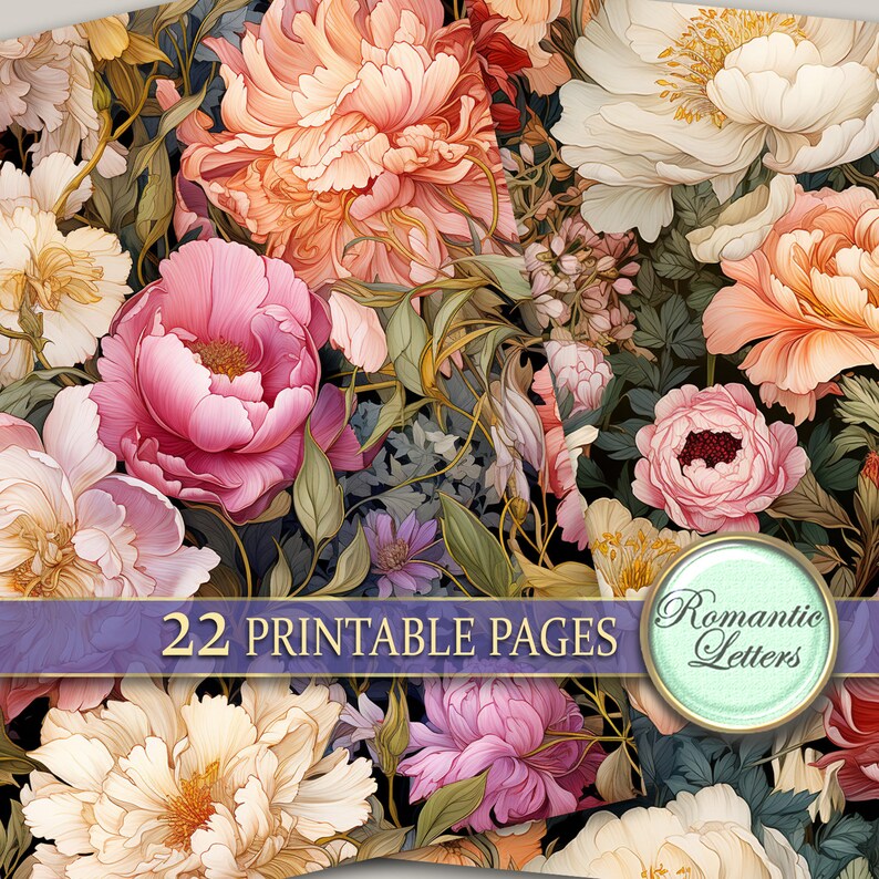 Pu&ograve; includere: 22 pagine stampabili di motivi floreali con peonie rosa, bianche e pesca con foglie verdi su sfondo nero.  Lettere romantiche.