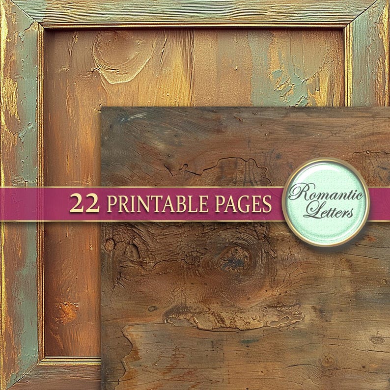 May include: A set of 22 printable pages featuring a rustic wood grain texture. The pages are perfect for adding a vintage touch to your crafts and projects. The image includes the text "22 Printable Pages" and "Romantic Letters".