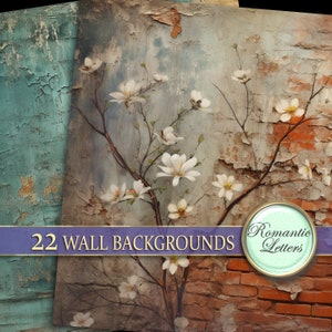 May include: A set of 22 digital wall backgrounds featuring a distressed brick wall with white flowers and branches. The text "Romantic Letters" is in a circle on the right side of the image.