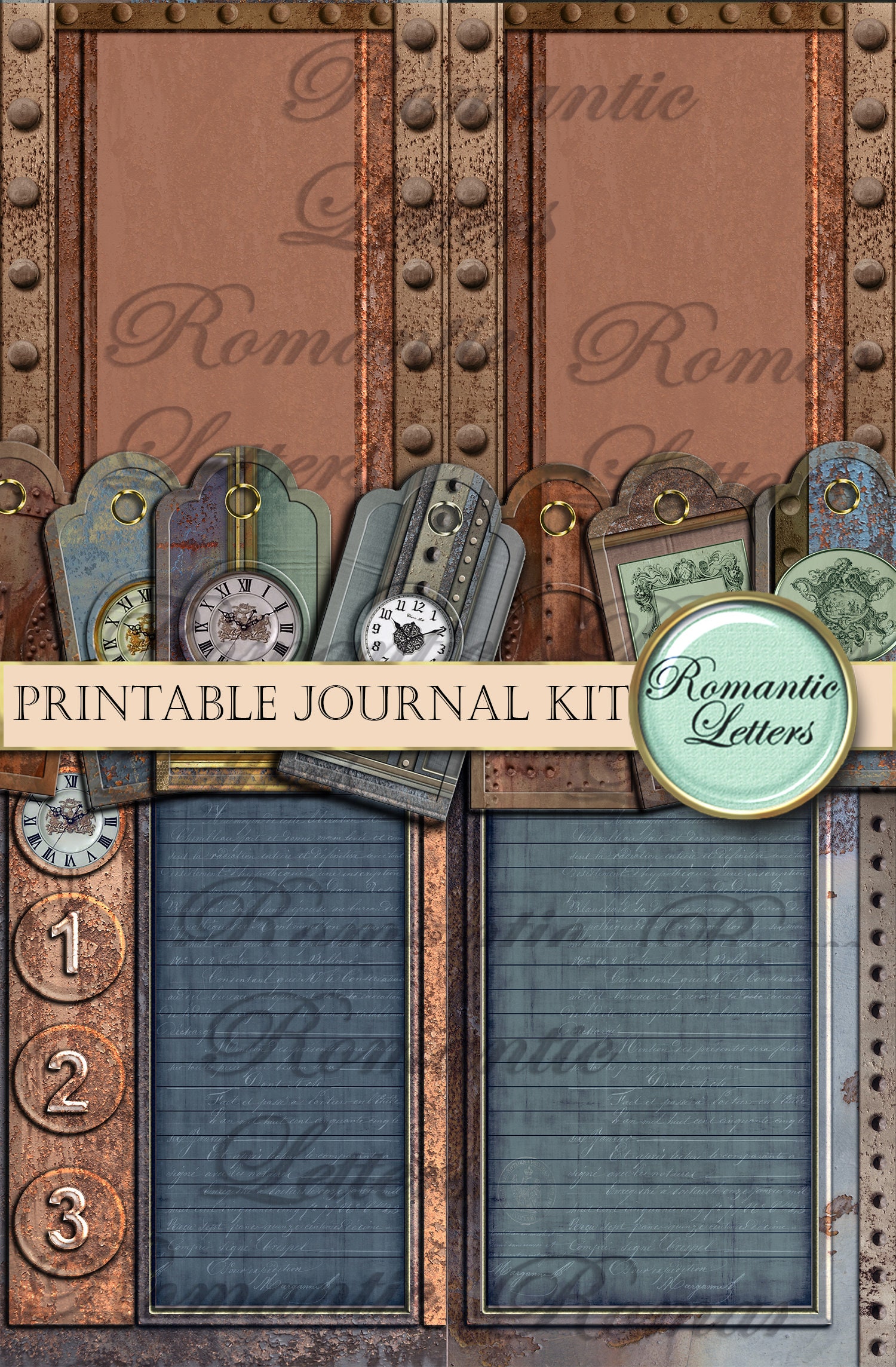 スチームパンク風の印刷可能なジャンクジャーナルキット、デジタル