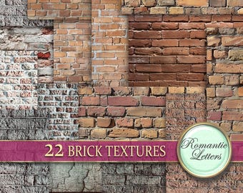 May include: A collage of 22 different brick textures, featuring various shades of red, brown, and gray. The textures include smooth, rough, and weathered brick surfaces. The text "22 BRICK TEXTURES" is displayed in a banner across the middle of the image.