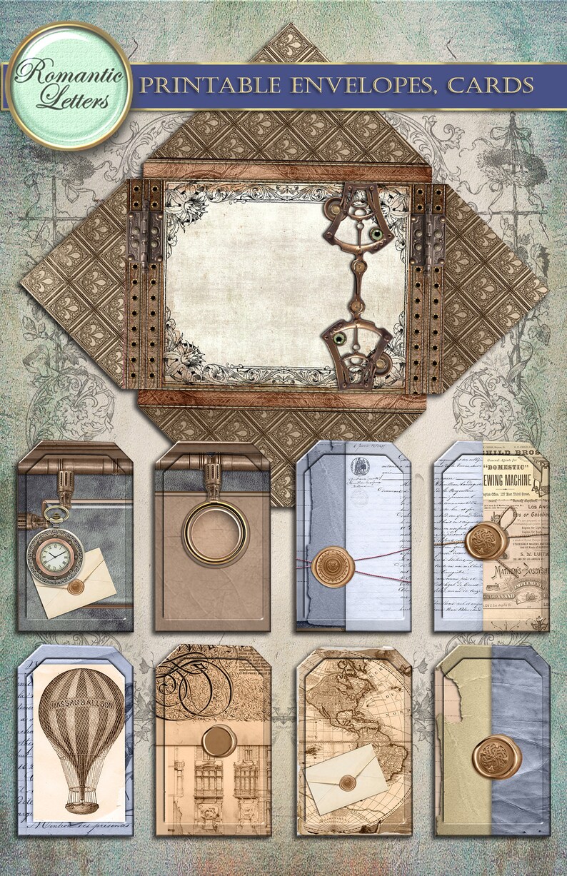 Op de afbeelding: Printbare enveloppen en kaarten met een vintage steampunk-esthetiek. De ontwerpen bevatten een luchtballon, een wereldkaart, een klok en een naaimachine. De kaarten zijn versierd met bruine, blauwe en gouden accenten.