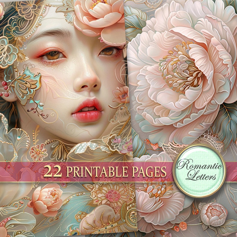 May include: A digital collage featuring a woman's face surrounded by delicate flowers and intricate patterns. The background is a soft pink and blue with gold accents. The text "22 Printable Pages" and "Romantic Letters" is visible in the image.