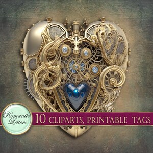 May include: A gold heart-shaped design with intricate gears and a blue jewel in the center. The design is surrounded by a gold frame and has a vintage steampunk aesthetic.