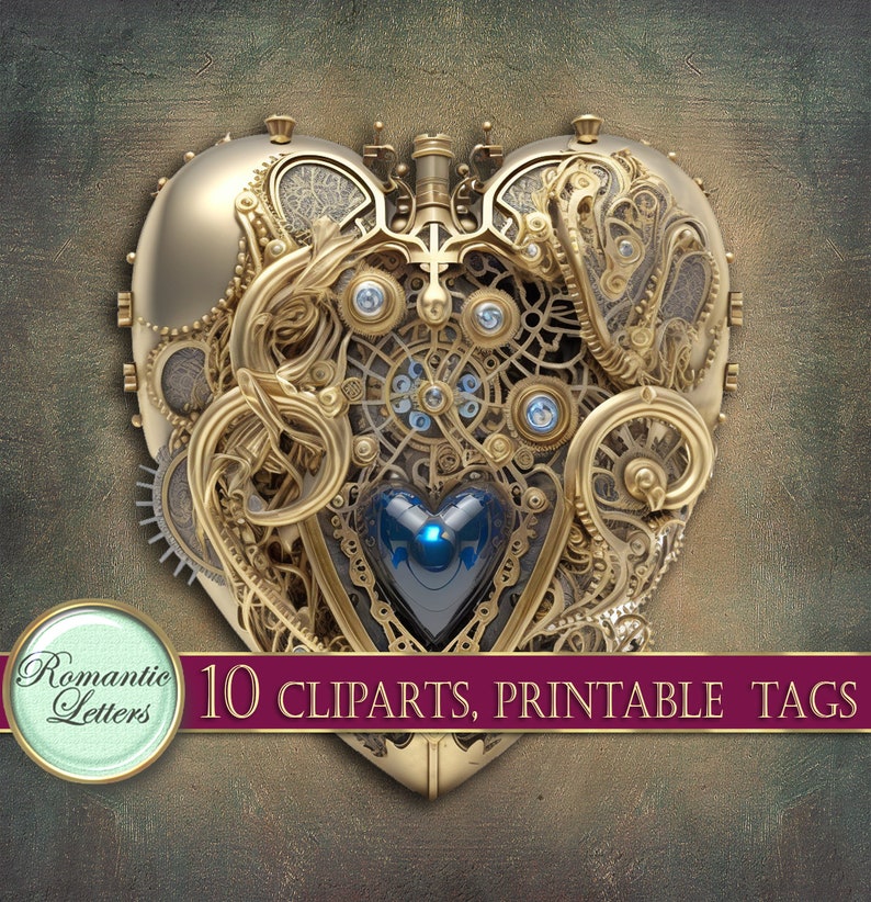 May include: A gold heart-shaped design with intricate gears and a blue jewel in the center. The design is surrounded by a gold frame and has a vintage steampunk aesthetic.