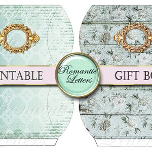 May include: Printable gift boxes with a light blue and white floral design. The boxes feature a gold ornate frame and the text "Romantic Letters" and "Gift Boxes".