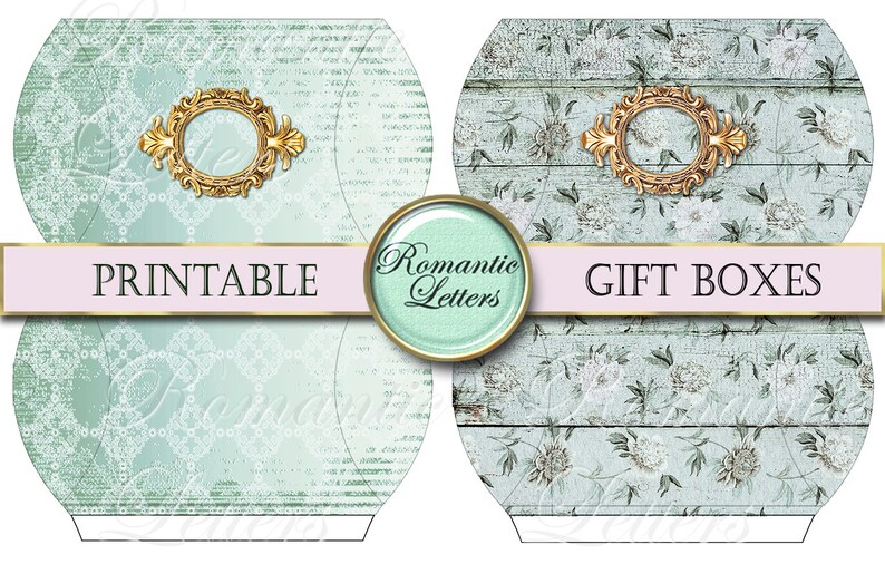 May include: Printable gift boxes with a light blue and white floral design. The boxes feature a gold ornate frame and the text "Romantic Letters" and "Gift Boxes".