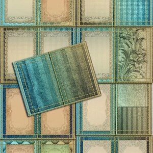 May include: Digital printable journal pages with a vintage aesthetic. The design features a collage of textured backgrounds in shades of blue, teal, and beige, with decorative frames and the text "PRINTABLE JOURNL PAGES 8.5X11".