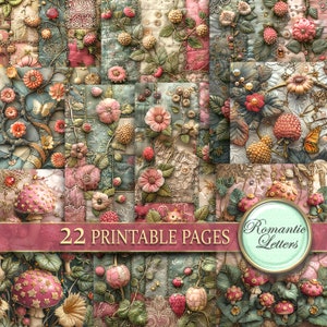 Digital printable scrapbook paper pack flower printable craft paper 3D embroidery quilt botanical junk journal pages raspberries floral  A4