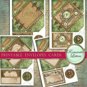 K&ouml;nnte beinhalten: Druckbare Umschlagkarten mit Steampunk-Design. Die Karten haben ein gr&uuml;n-goldenes Farbschema mit filigranen Details. Der Text "Printable Envelopes Cards" und "Romantic Letters" ist auf dem Bild zu sehen.