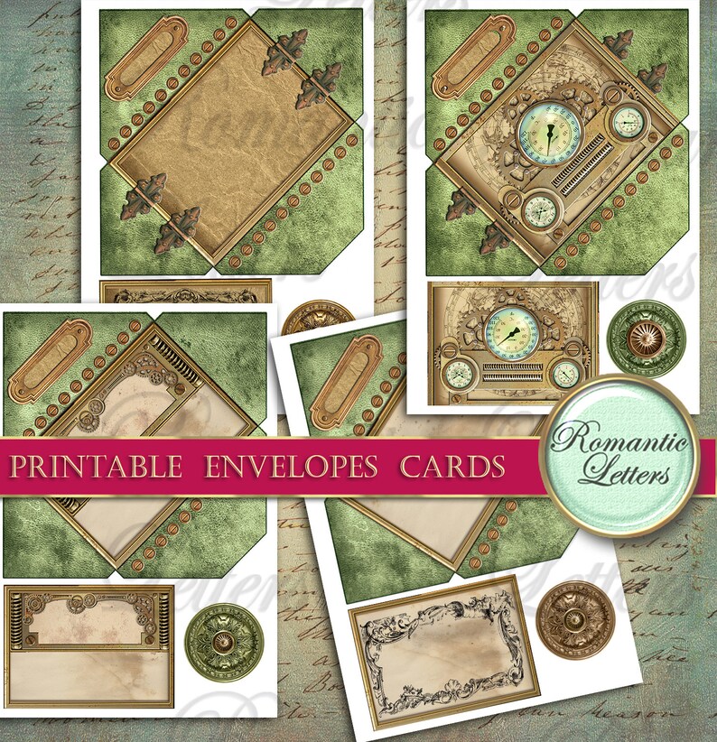 K&ouml;nnte beinhalten: Druckbare Umschlagkarten mit Steampunk-Design. Die Karten haben ein gr&uuml;n-goldenes Farbschema mit filigranen Details. Der Text "Printable Envelopes Cards" und "Romantic Letters" ist auf dem Bild zu sehen.