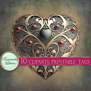May include: A gold heart-shaped frame with intricate filigree details and purple and red gemstones. The frame is set against a textured green background. 10 CLPARTS, PRINTABLE TAGS.