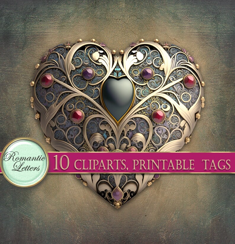 May include: A gold heart-shaped frame with intricate filigree details and purple and red gemstones. The frame is set against a textured green background. 10 CLPARTS, PRINTABLE TAGS.