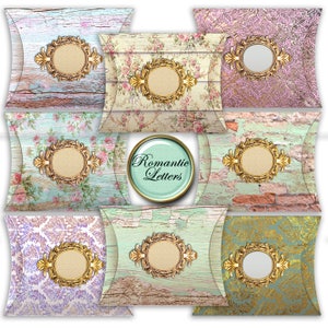May include: Set of eight pillow boxes with different vintage patterns. Each box has a gold ornate frame with a blank circle in the center. The boxes are perfect for packaging small gifts or favors.